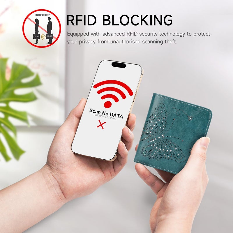 KITEVIUN محفظة RFID صغيرة للنساء رفيعة جداً محفظة نسائية مدمجة صغيرة قابلة للطي لمحافظ السيدات باللون الأزرق الطاووس - Image 5